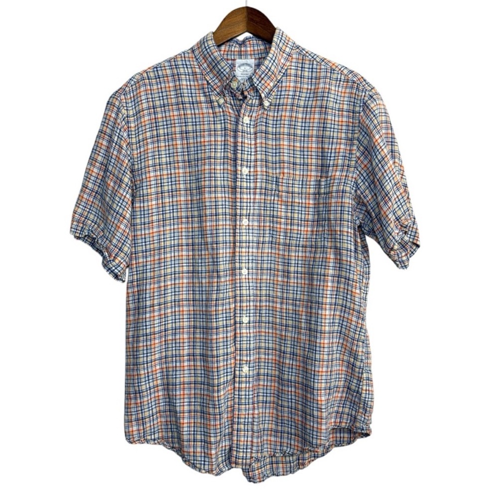 Brooks Brothers linen Regent shirt men's large orange plaid beach coastal casual